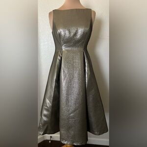 Adrianna Papell Metallic Bronze-Gray Textured Fit-and-Flare Midi Dress